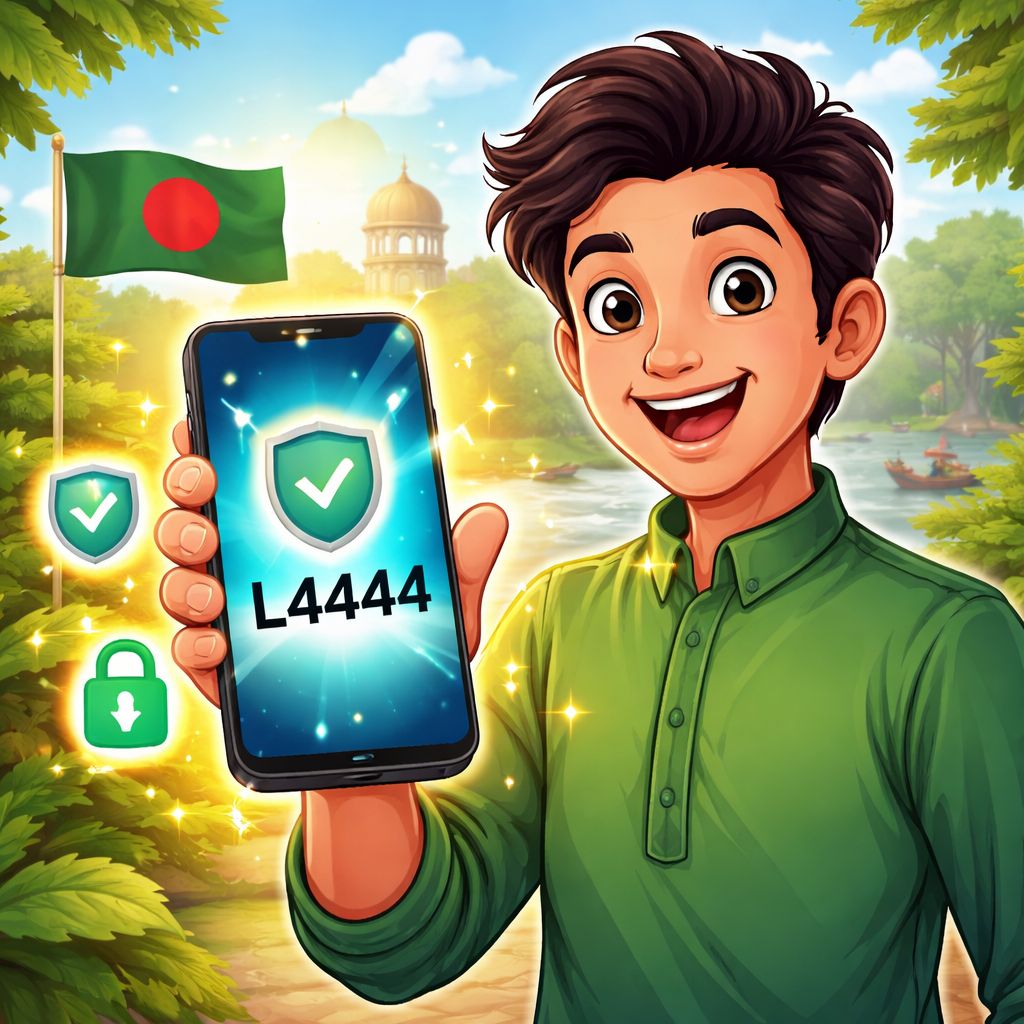 Cartoon character holding a smartphone with the l4444 app interface and glowing rewards