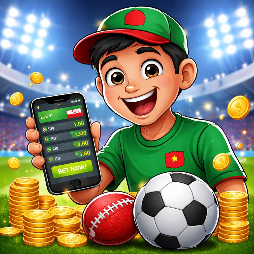 Cartoon Bangladeshi sports fan holding a phone with live betting odds, cricket ball, football, and bright reward coins