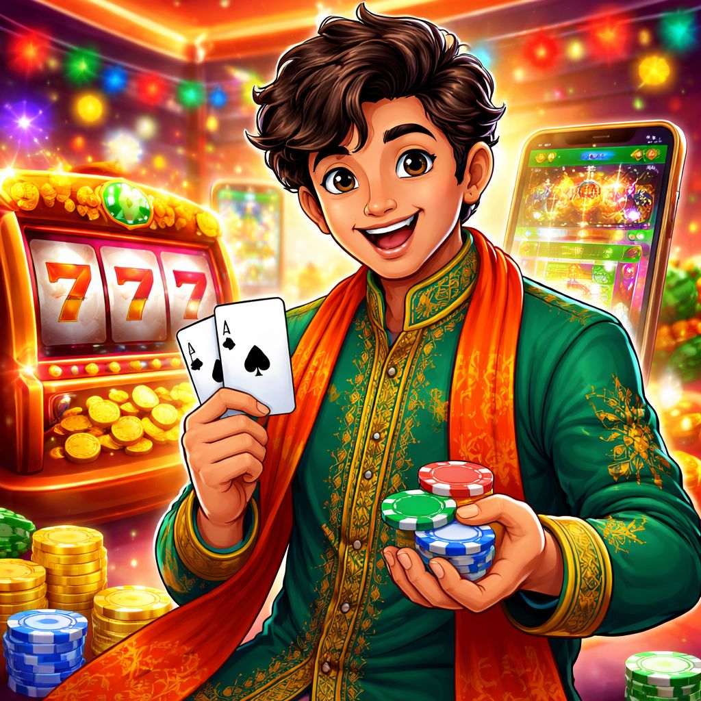 Cartoon casino player celebrating with chips, cards, and slot reels