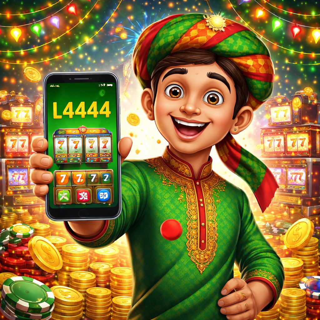 l4444 cartoon casino character holding a smartphone with coins and game icons