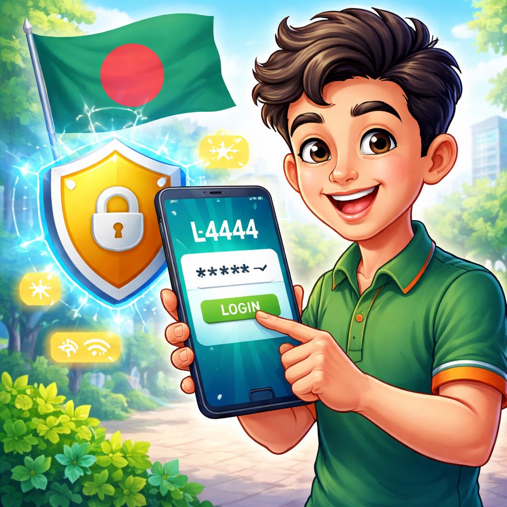 Cartoon l4444 user securely logging in on a mobile phone in Bangladesh