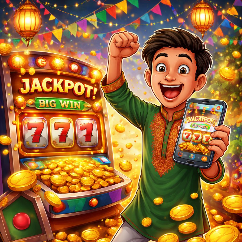 Cartoon slot player celebrating a jackpot with coins and mobile casino reels